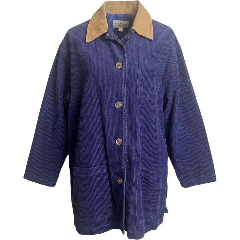 Karen Scott Vintage Corduroy Barn Jacket Navy blue Tan Suede Collar Chore Coat M